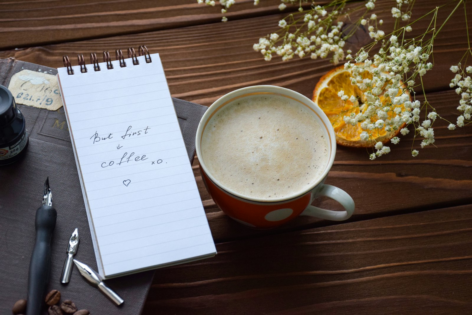Notepad with handwritten notes beside a cup of coffee